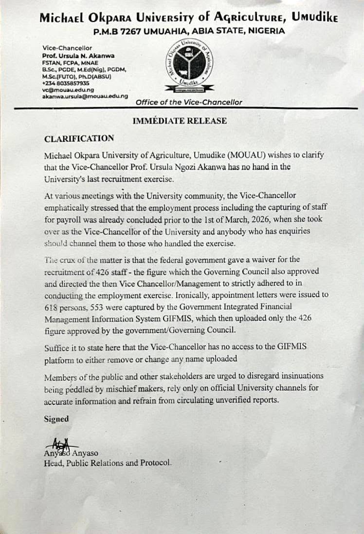 MOUAU Clarifies Vice-Chancellor Not Involved in Recruitment Exercise